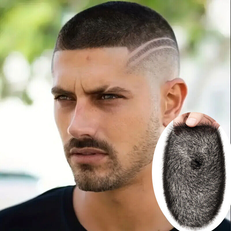 Men Short Buzz Cut Hair PU Thin Skin Toupee Human Hair Scalp Replacement