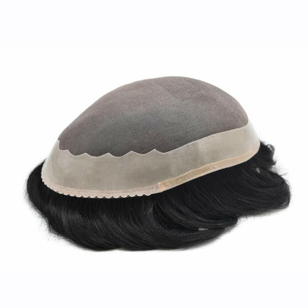 Fine Mono Mens Toupee Hairpiece Human Hair Replacement Poly Around Hair Systems