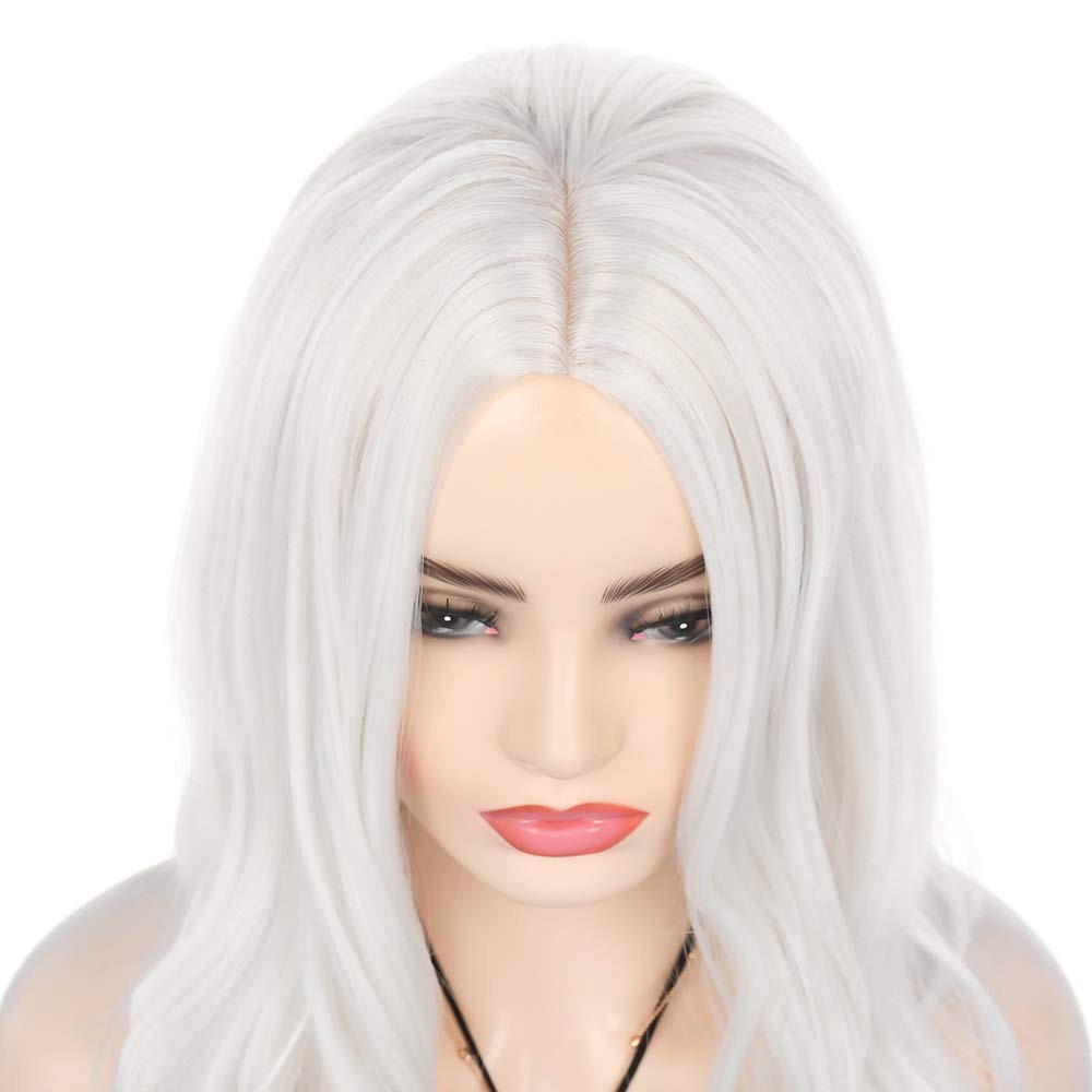 Long Curly Wavy White Wig Middle Part Cosplay Wig Synthetic Heat Resistant Co…