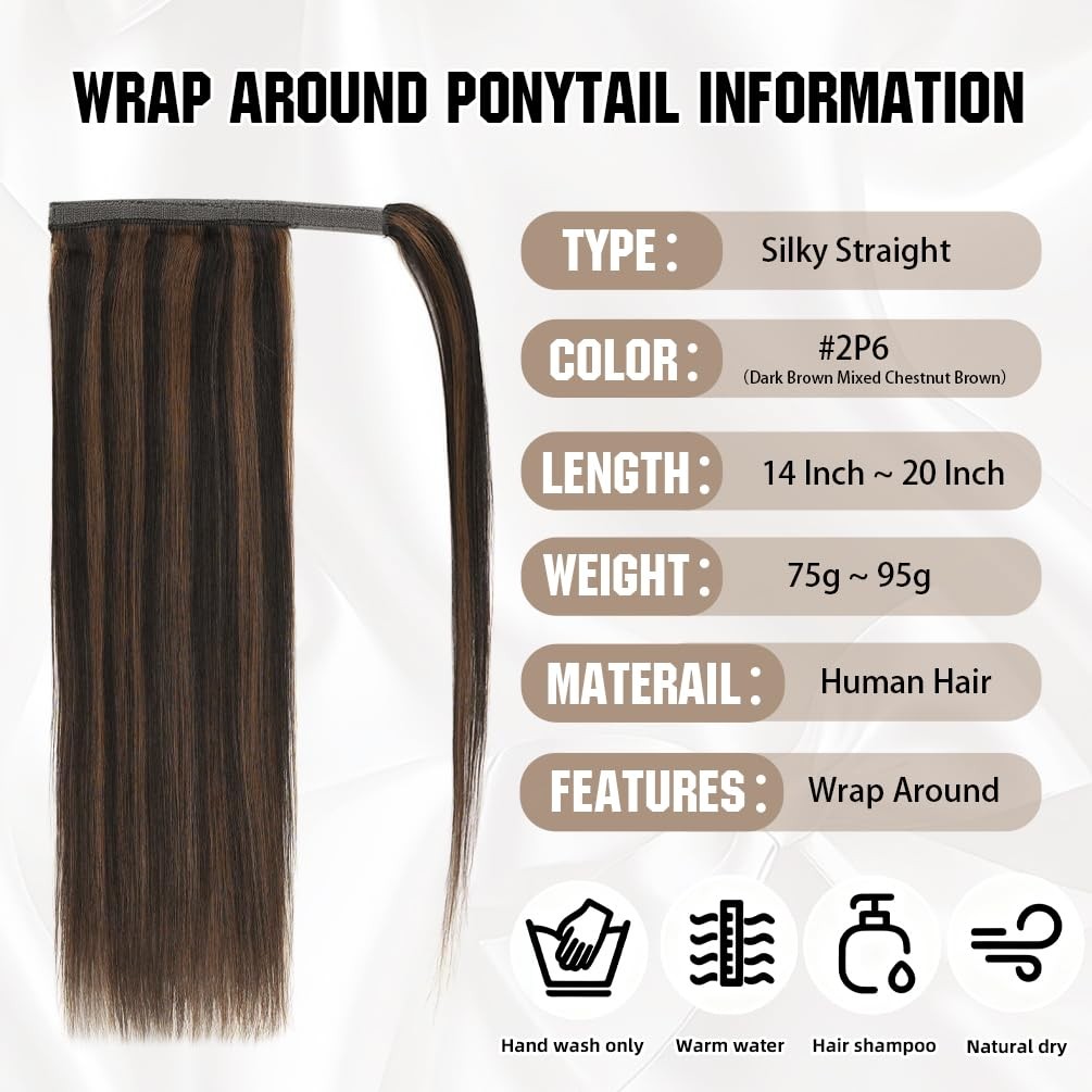 Amygirl Ponytail Extension Human Hair 14 Inch Dark Brown To Chestnut Brown