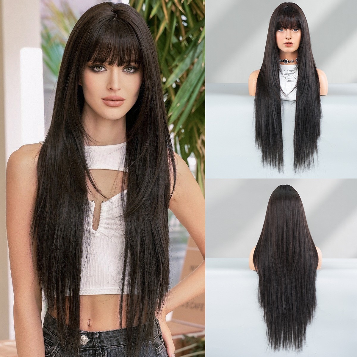 24in Black Super Long Layered Wig with Bangs for Women Girls Party Cosplay Daily