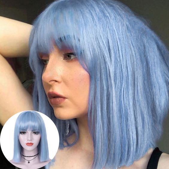 Straight Blue Short Hair Bob Wigs With Bangs Cosplay Party Halloween