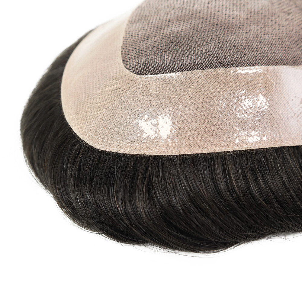 Mens Toupee Human Hair Replacement System Durable Fine Mono Lace Poly Hairpiece