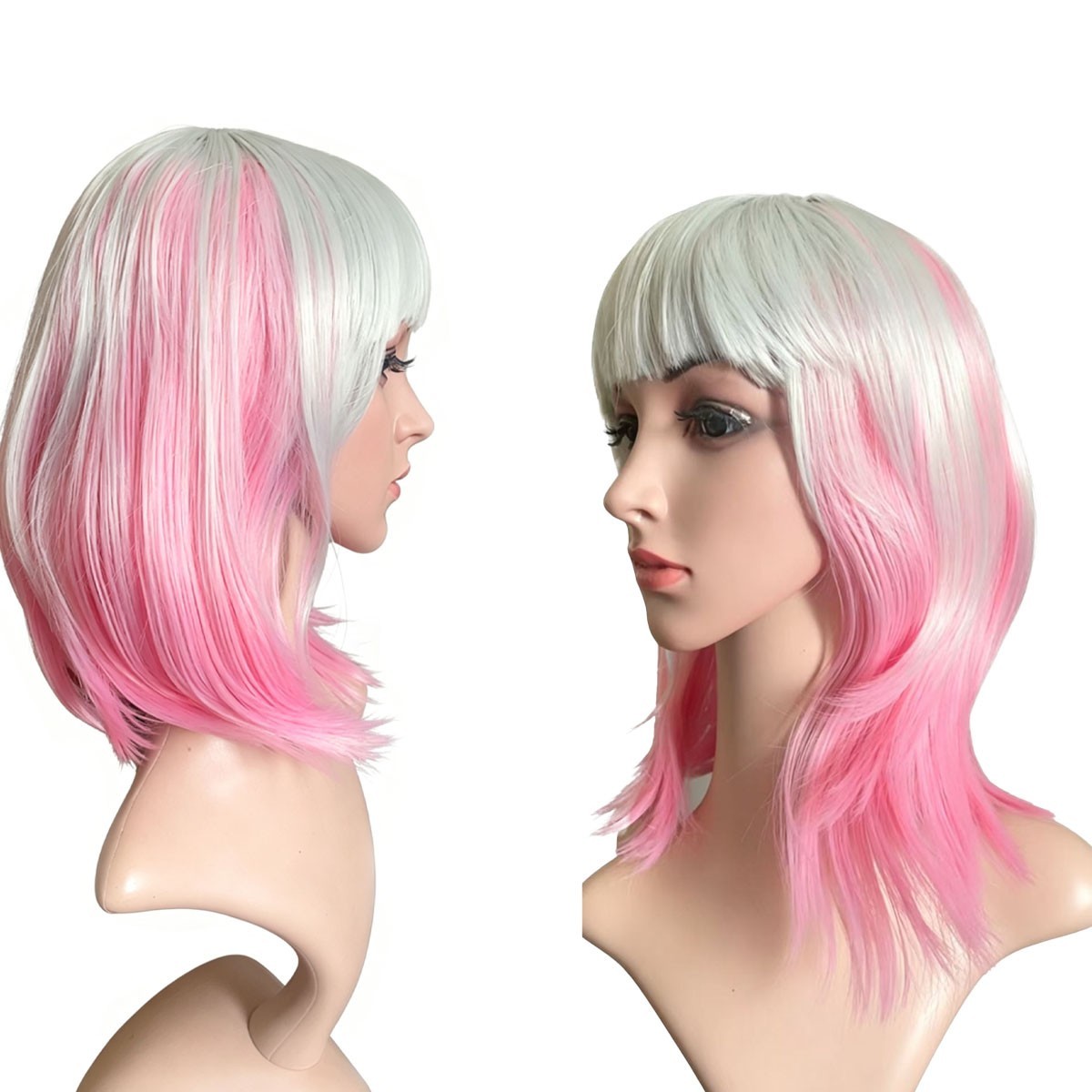 Silver Pink Ombre Bob Wig Short Synthetic Hair with Bangs Capless Open Weft