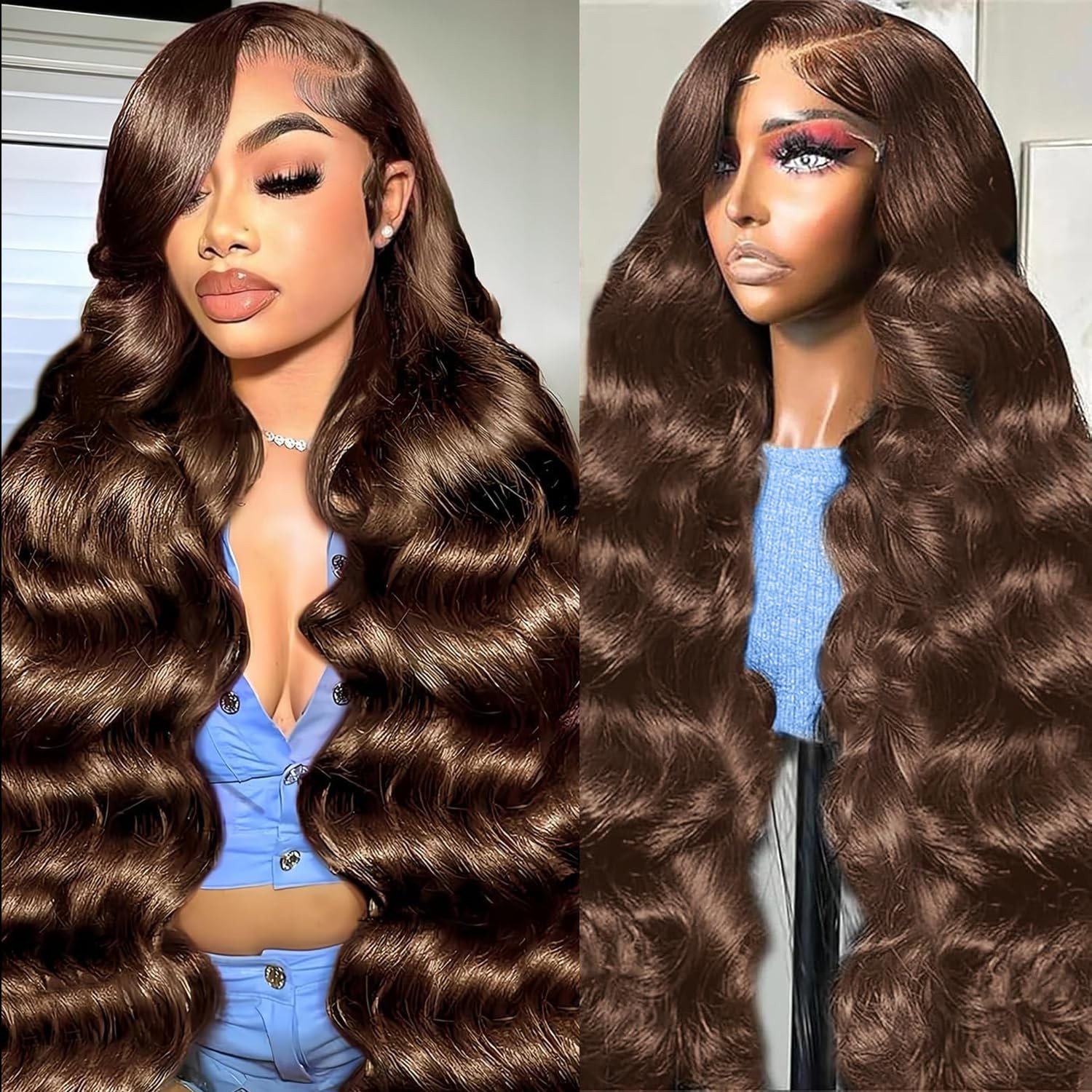30″ Chocolate Brown Body Wave Lace Front Wig, 200% Density, Pre-Plucked Human Ha