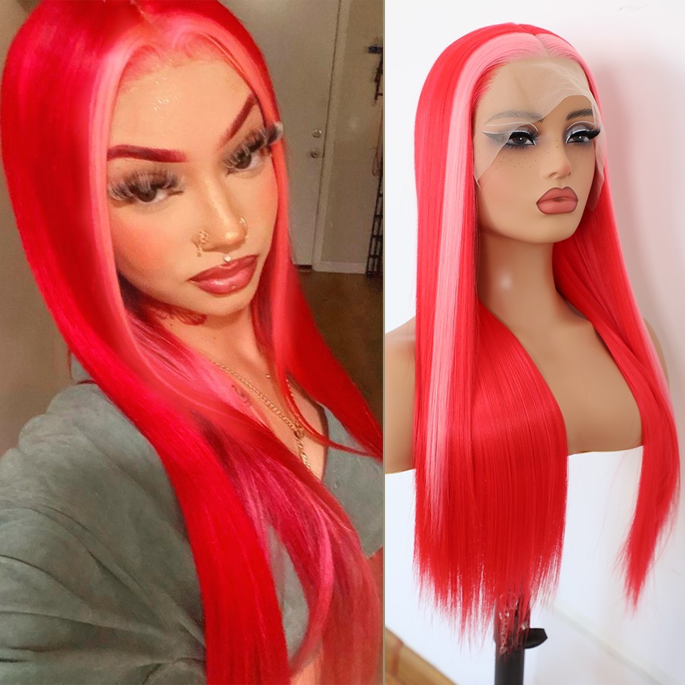 Long Straight Light Pink Highlights Red Color Hair Lace Front Wig Heat Resistant