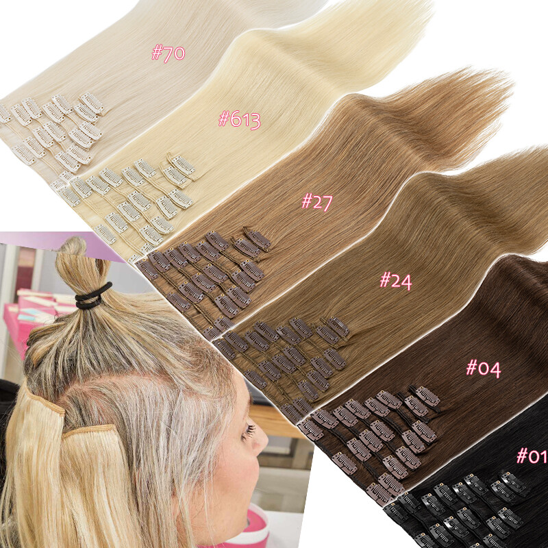 Invisible Clip In Human Remy Hair Extensions 8 Pieces with 18 Clips Full Head