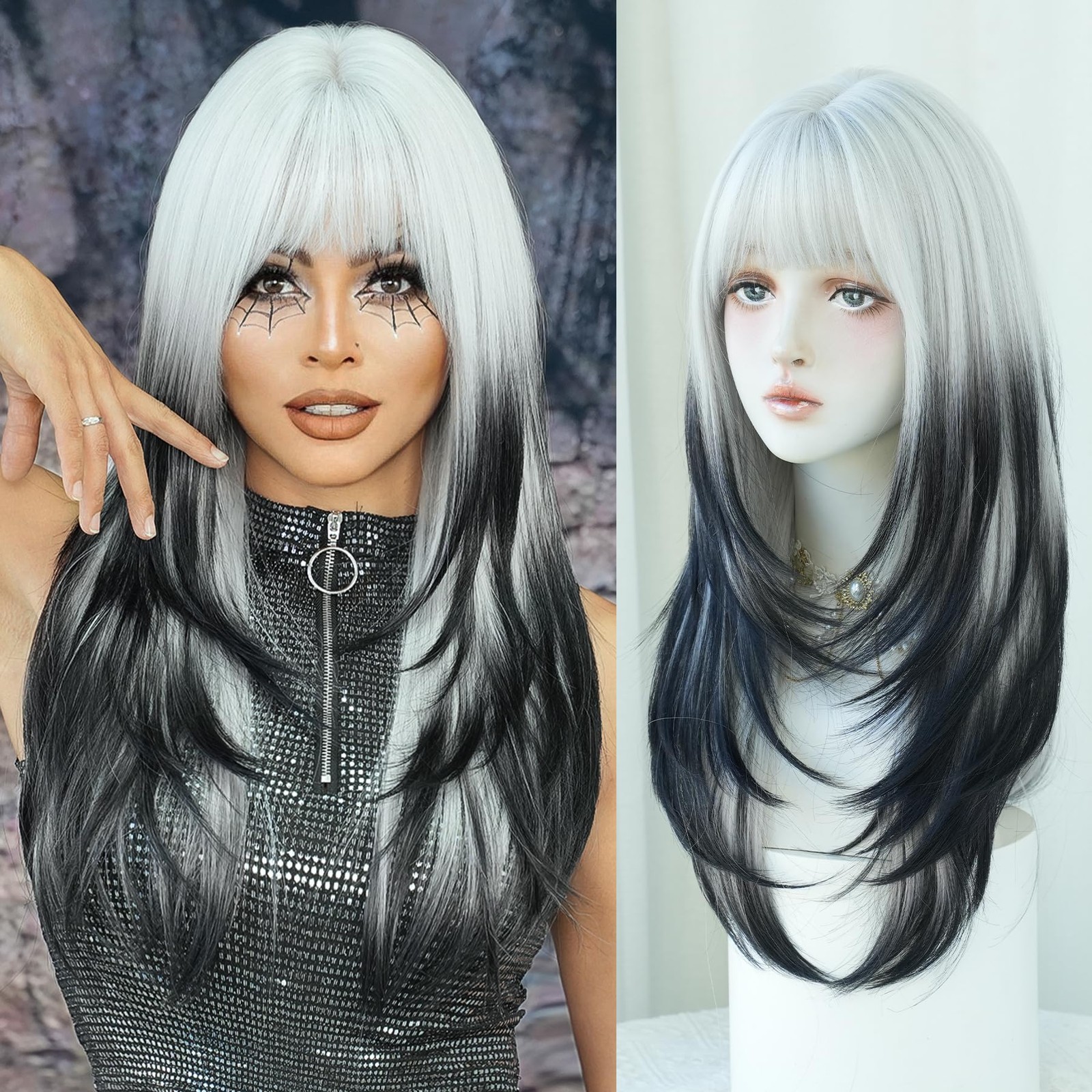 7JHH WIGS 25Inch Long Straight Layered Wig with Bangs 25in Black White Ombre