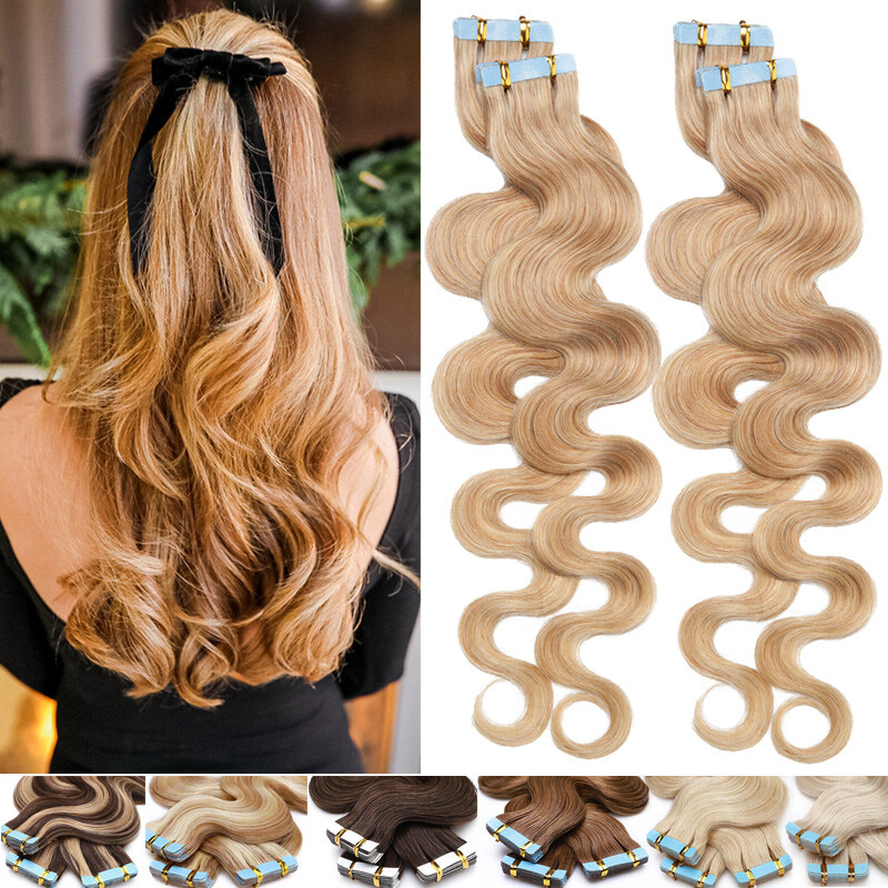 Tape In Human Hair Extensions Tape On Skin Weft Body Wave Wavy Thick 40pcs Brown