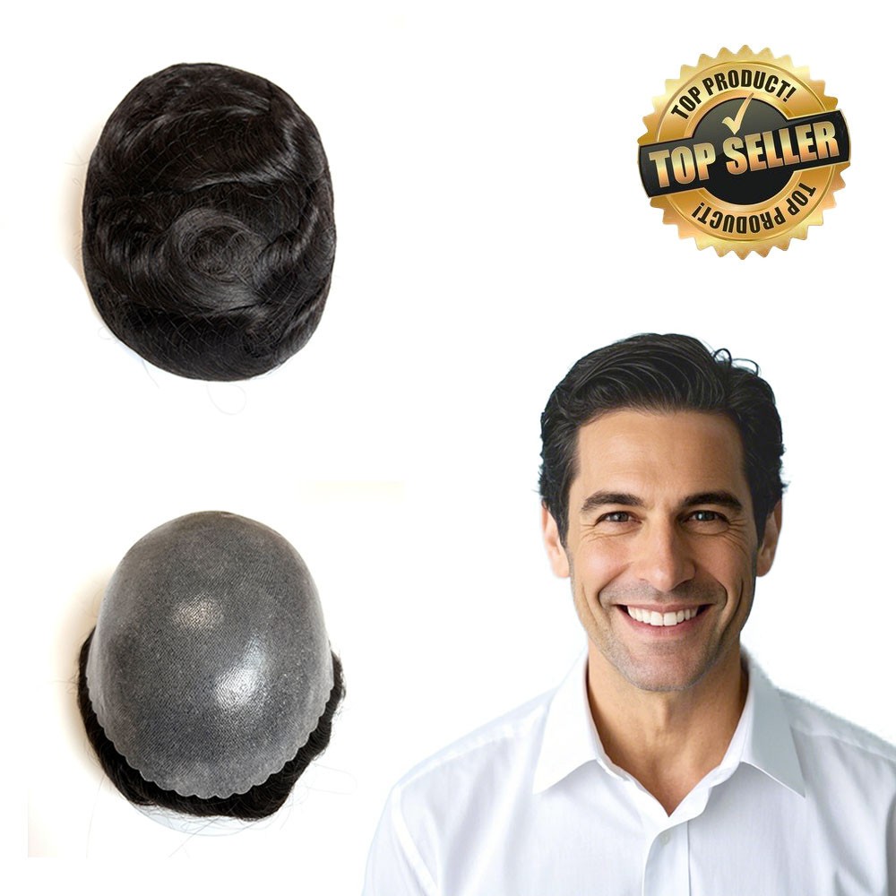 Human Hair Replacement System Mens Toupee 0.12mm Poly Gauze Hairpieces