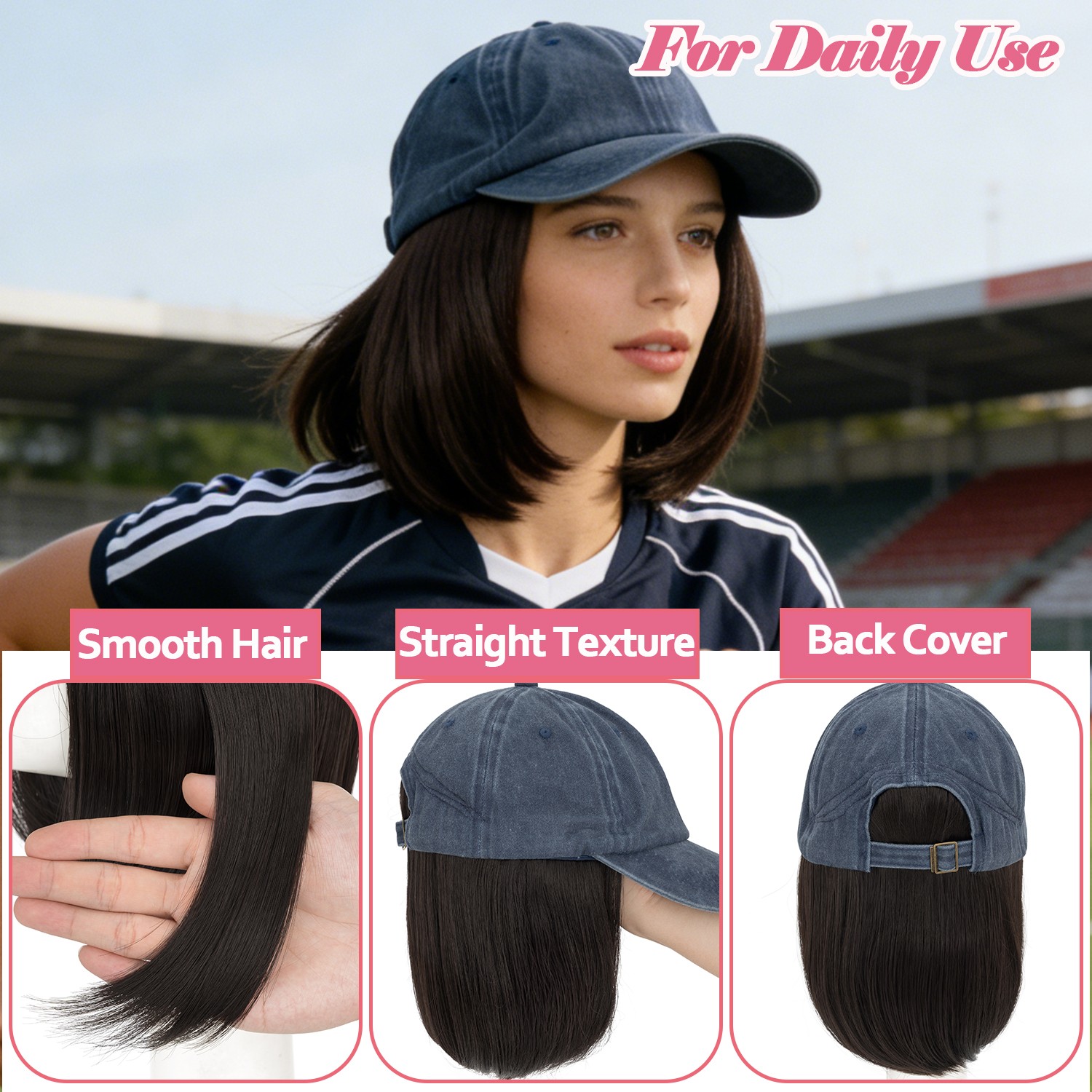 Baseball Cap Hat with Short Synthetic Hair,Baseball Hat Cap with Straight Hair M