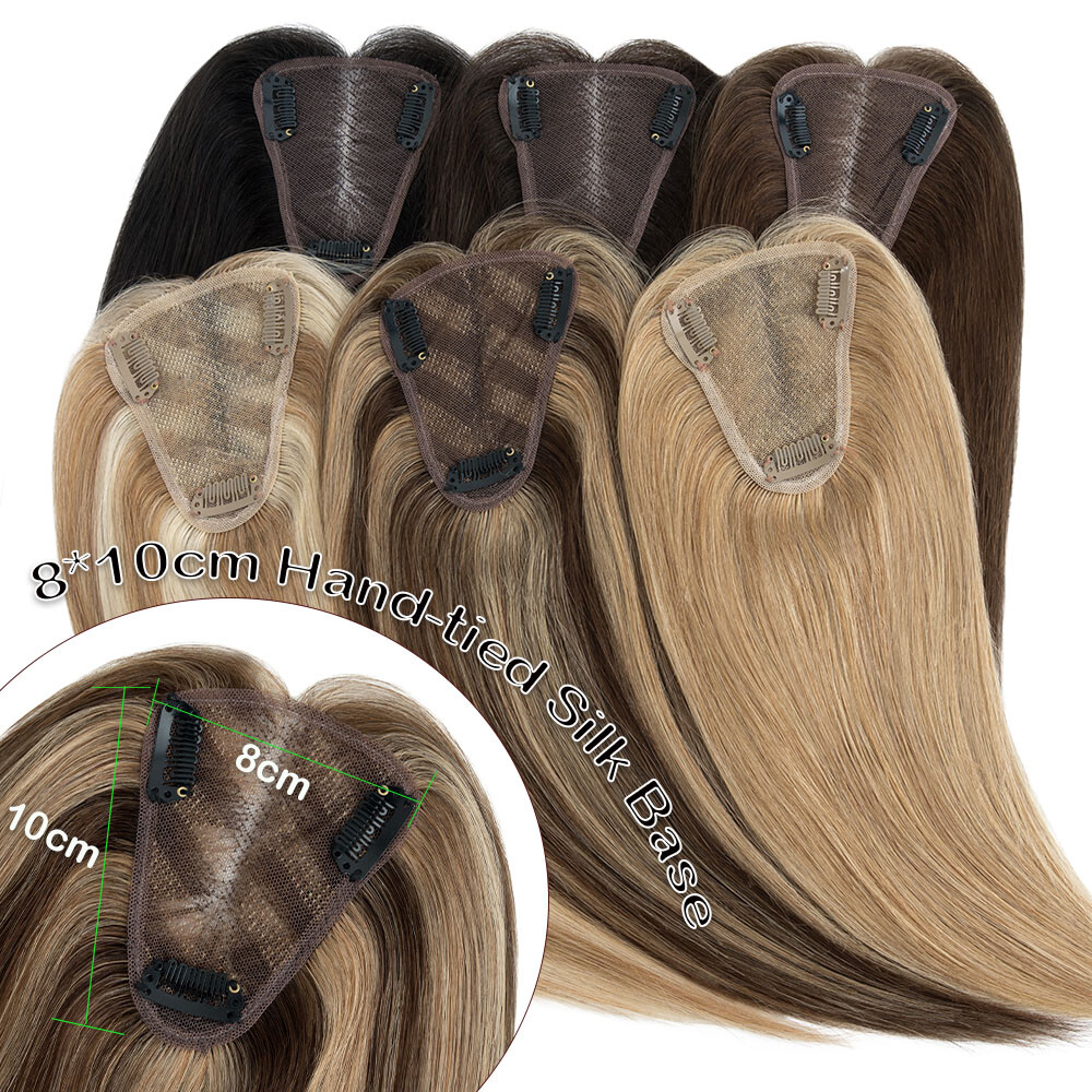 Silk Base 100%Human Hair Topper Clip in Hairpiece Wig Toupee Top Piece Side Part