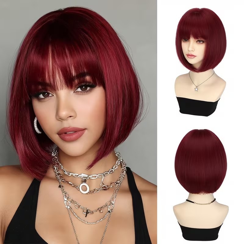 Women Short Bob Wig Burgundy Red with Bangs Straight Synthetic Hair Full Wig 12i