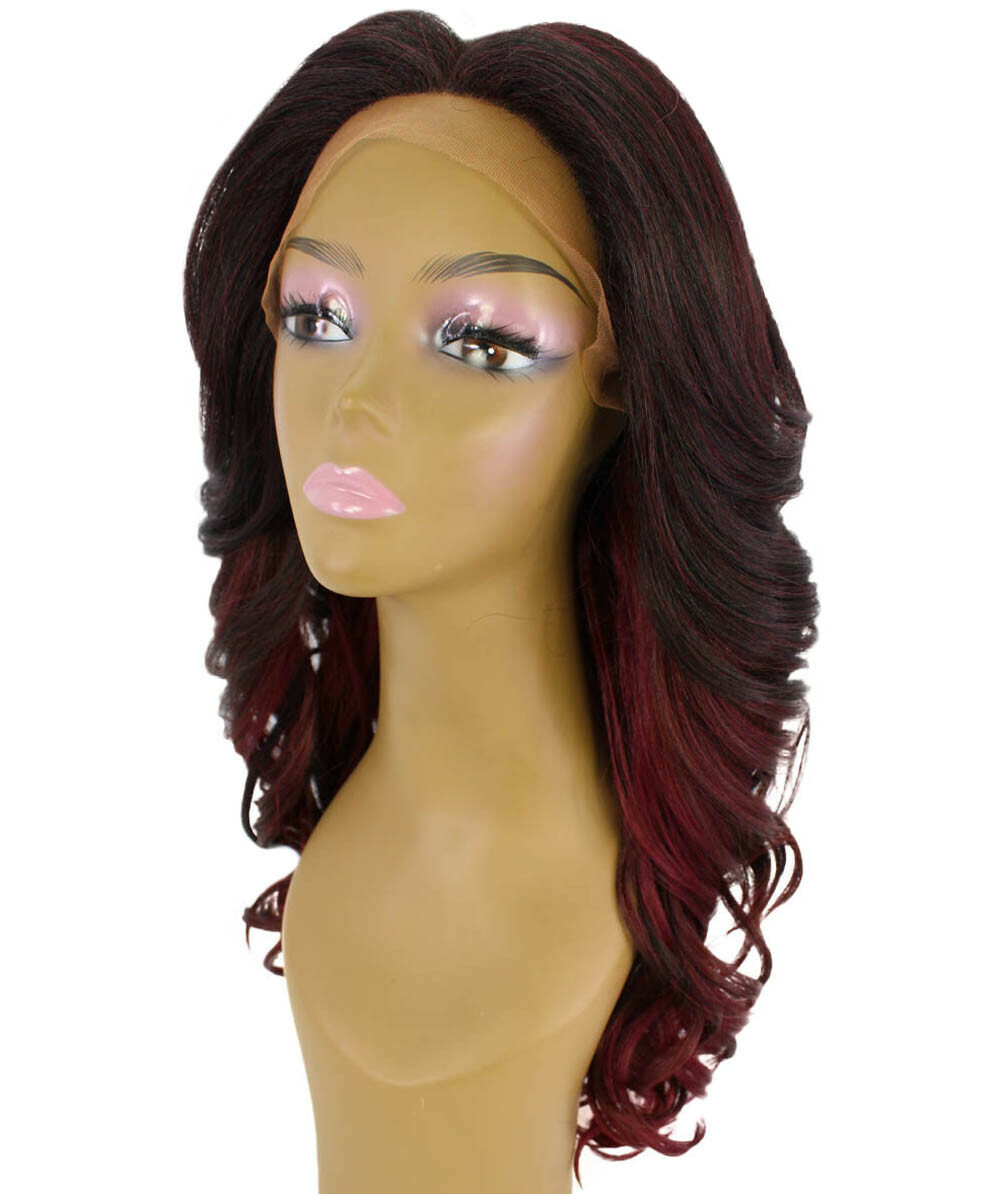 LUXLUXE Yenne Wavy 23 in 4X4 Hand Tied Lace Front Wig, Deep Red over Medium Red