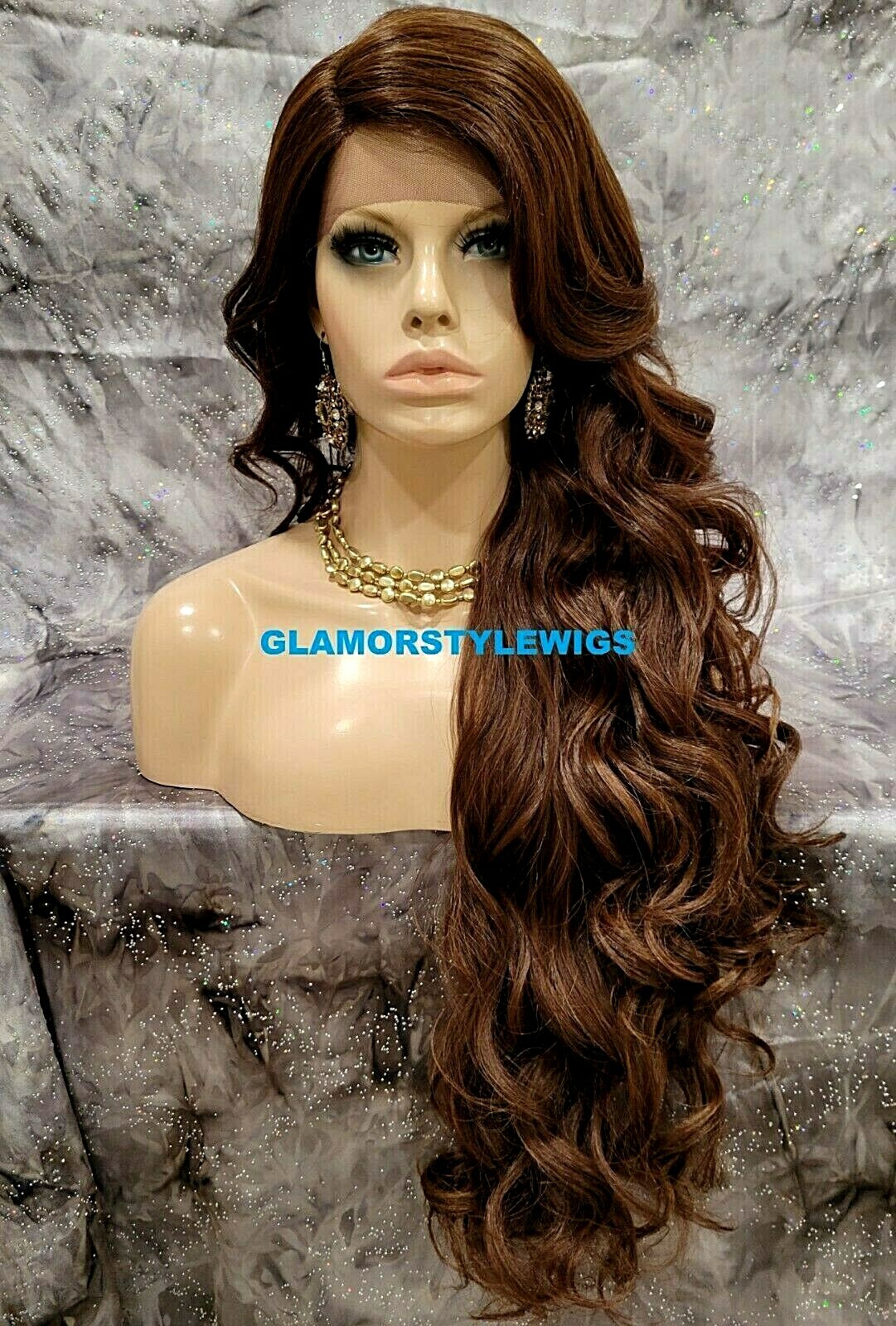 LACE FRONT FULL WIG EXTRA LONG WAVY LAYERED SIDE PART BROWN AUBURN MIX HEAT OK