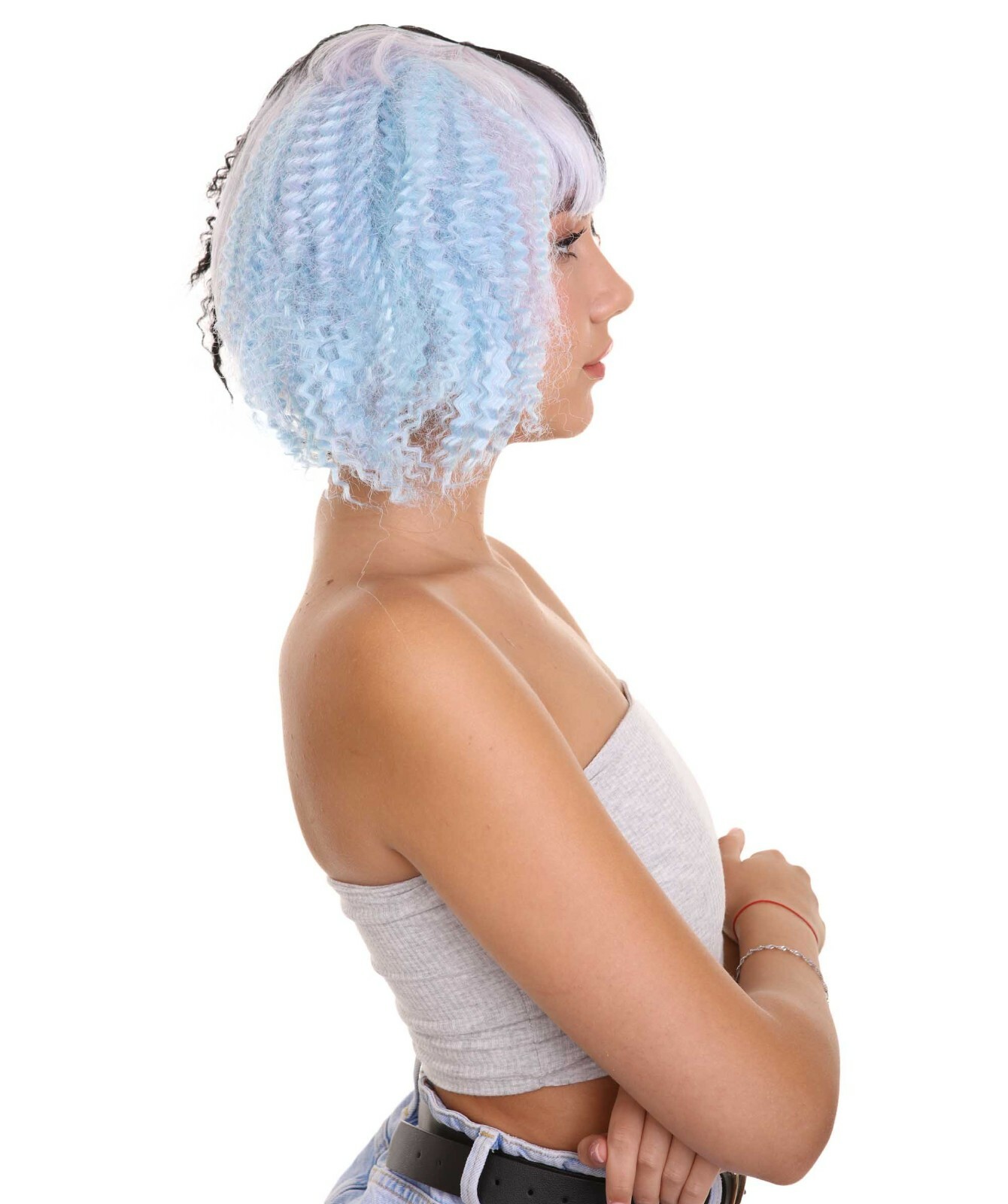 Adult Light Blue Black Ponytails Wig for Cosplay Melanie Crimped Party HW-1433A