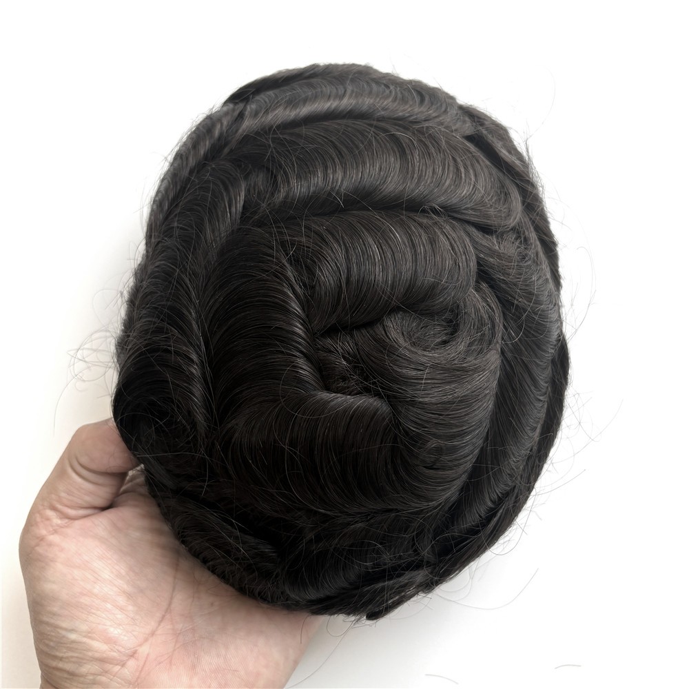 Durable Human Hair Hairpiece Hair Replacement Fine Mono Poly System Toupee #1B