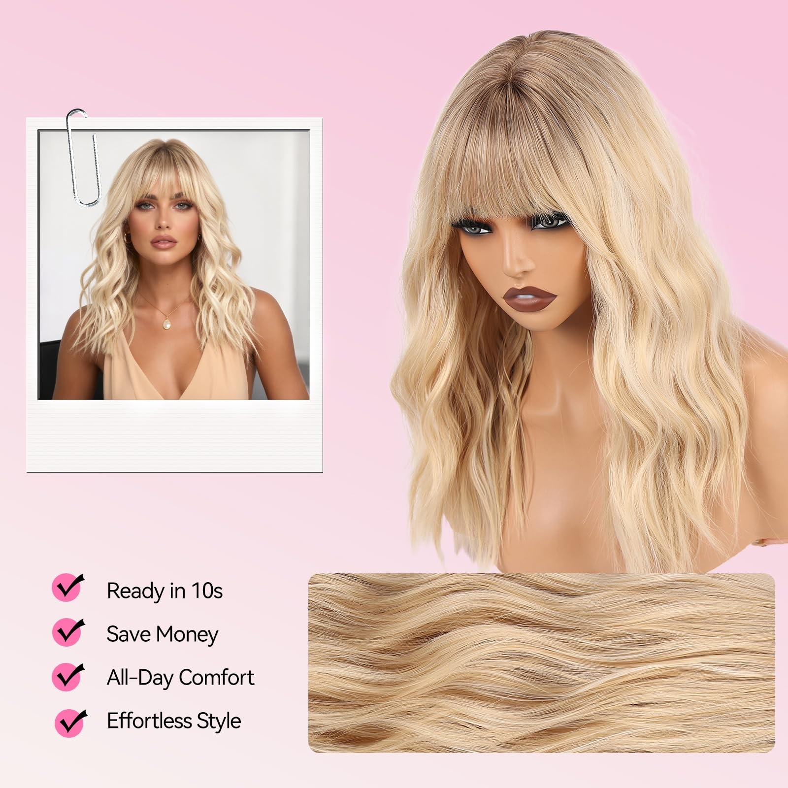 Ash Blonde Wig with Bangs for Women 18 Inch,Wavy Curly Copper Hair Shoulder L…
