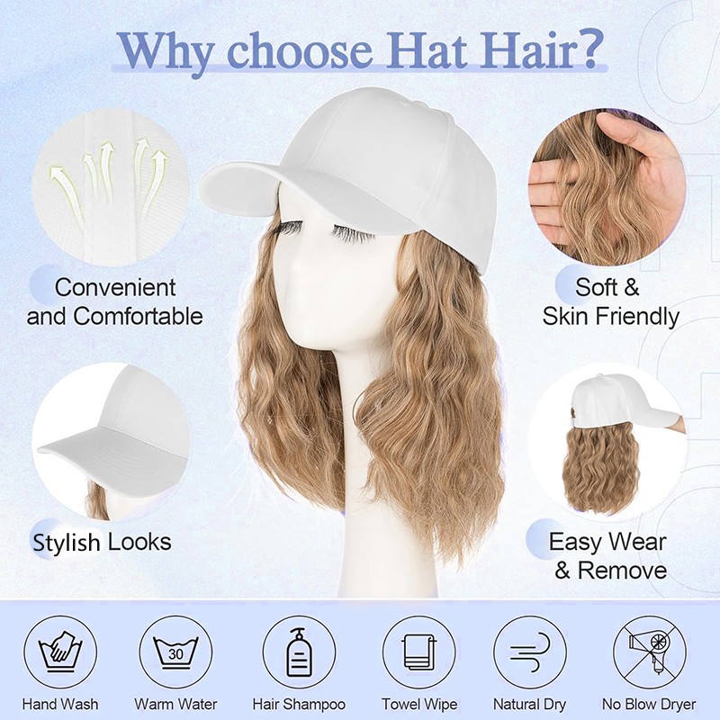 6in/8in Baseball Cap with Hair Extensions Real Natural As Human Hat Hairpiece