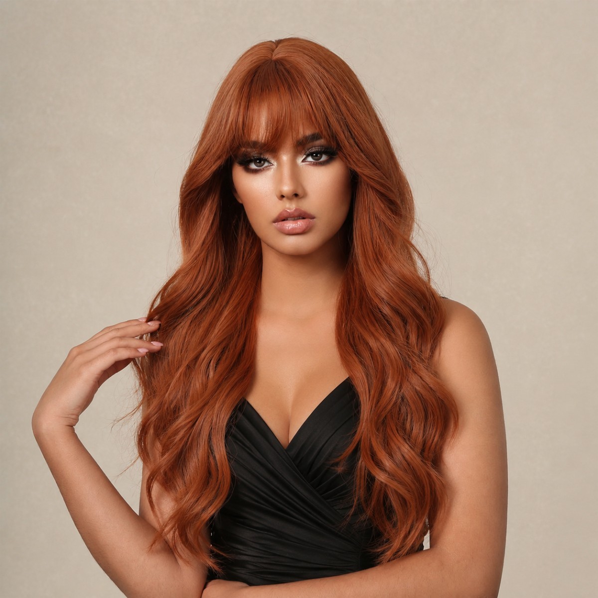 Layered Copper Red Long Wavy Heat Resistant Hair Dress Up Wig With Bangs Women