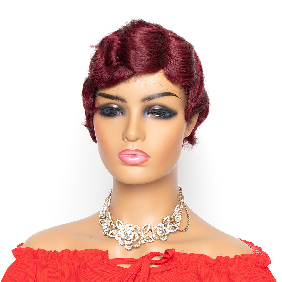 Burgundy Red Finger Wave Remy Human Hair Wigs Short Wave Pixie Wigs None Lace US