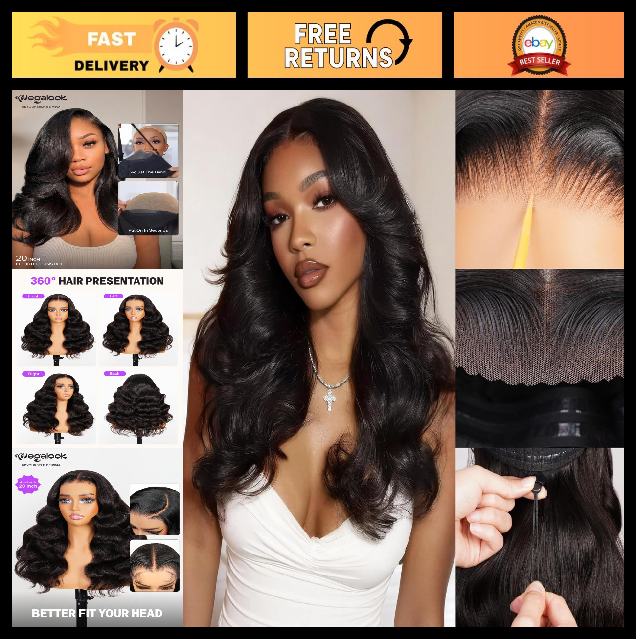 6×5 Glueless Human Hair Wig 210% Density Body Wave Pre Plucked Drawstring 20 Inc