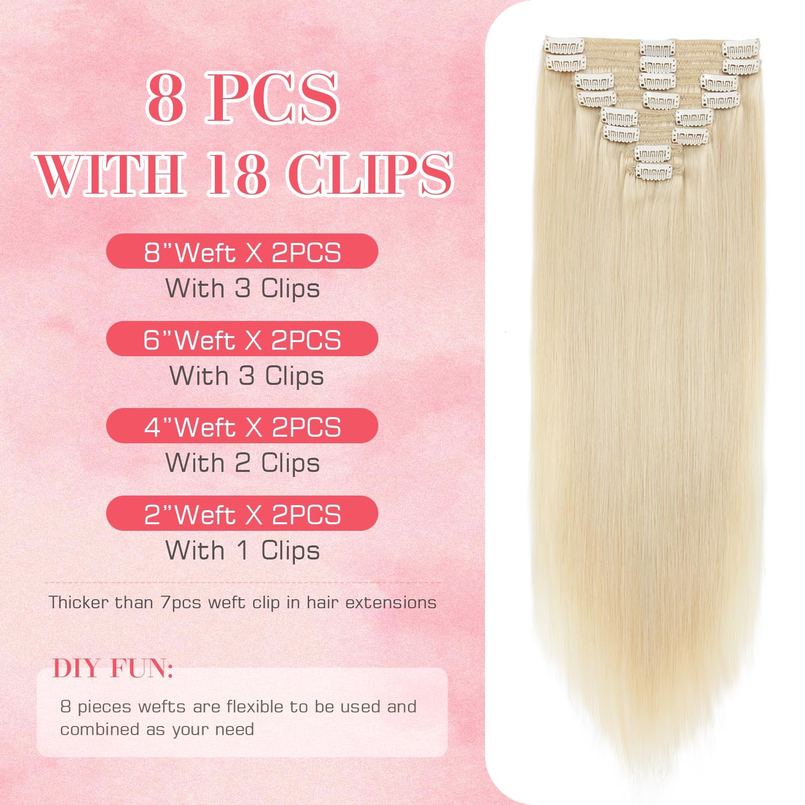 Clip in Hair Extensions Real Human Hair Platinum Blonde Clip on Extensions 18…