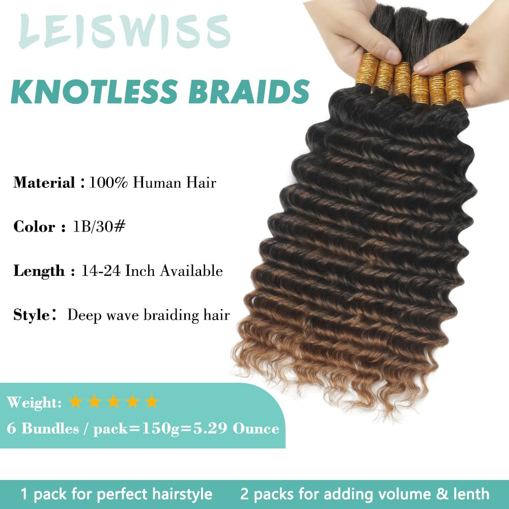 Human Braiding Hair for Boho Braids T30 150G 6 Bundles/Pack 18 Inch Deep Wave Bu
