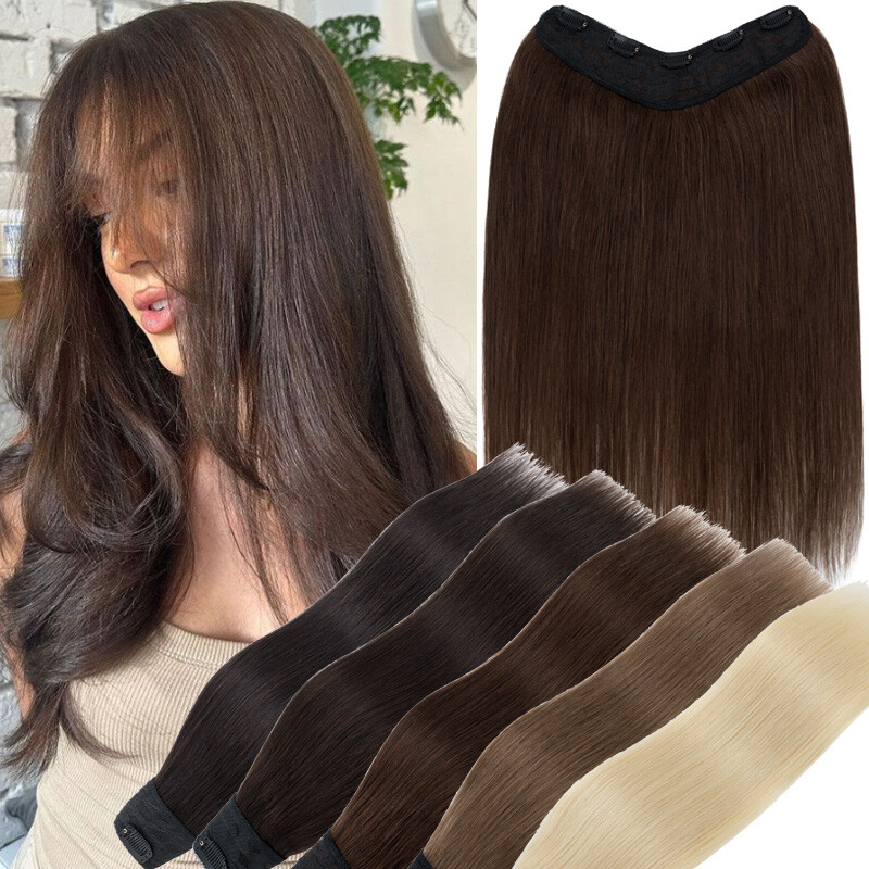 V Part One Piece Clip In Human Hair Extensions Full Head Weft 100G Thicker Brown