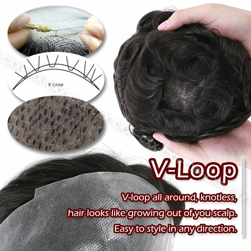 Mens Hair Replacement System Full Lace Poly Thin Skin Toupee Human Hair Piece PU