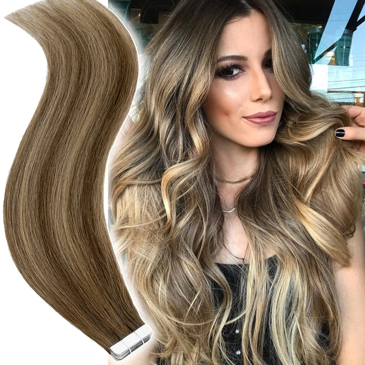 Invisible Tape In 100% Real Remy Human Hair Extensions Full Head Skin Weft Ombre