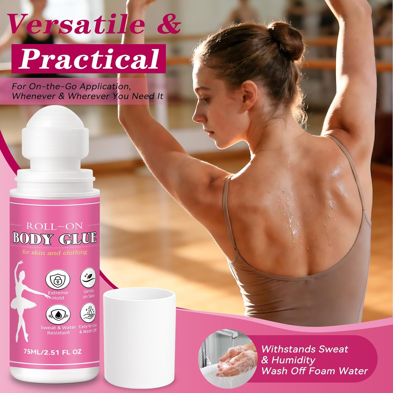 Body Glue for Clothes & Skin 2.54 Oz, Roll-On Body Adhesive, Sweat Resistant, Sk