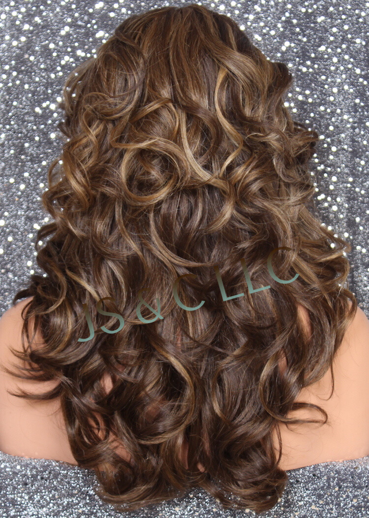 Human hair blend Full Wig Brown mixed Wavy Bangs Heat OK 8-27-613 WEPX