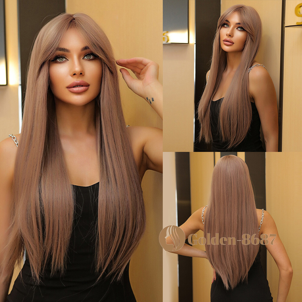 Long Natural Straight Ash Purple Wigs Hair with Bangs Women Party Daily Use US