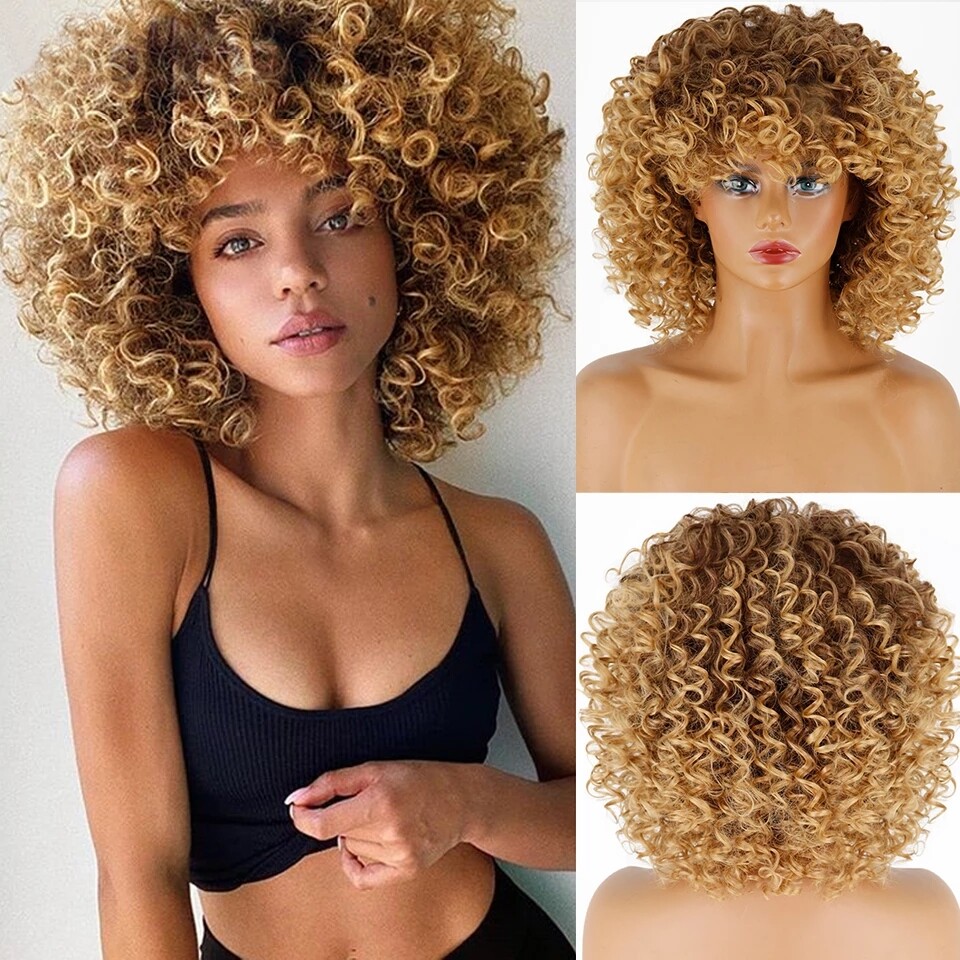 Women Ombre Blonde Short Curly Afro Wigs With Bangs Kinky Curly Wig Synthetic