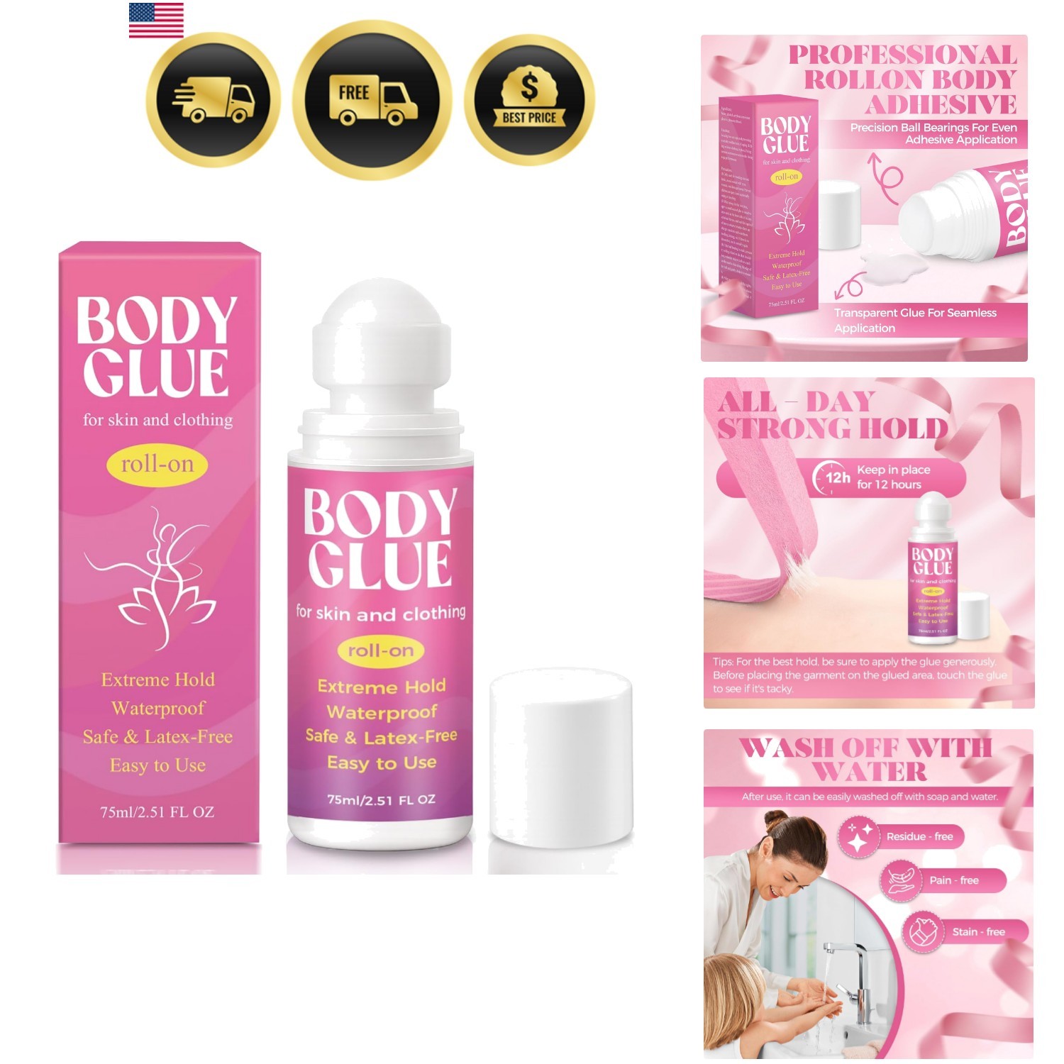 Body Glue for Clothes & Skin 2.54 Oz, Body Adhesive Roll-On, Sweat Resistant,…