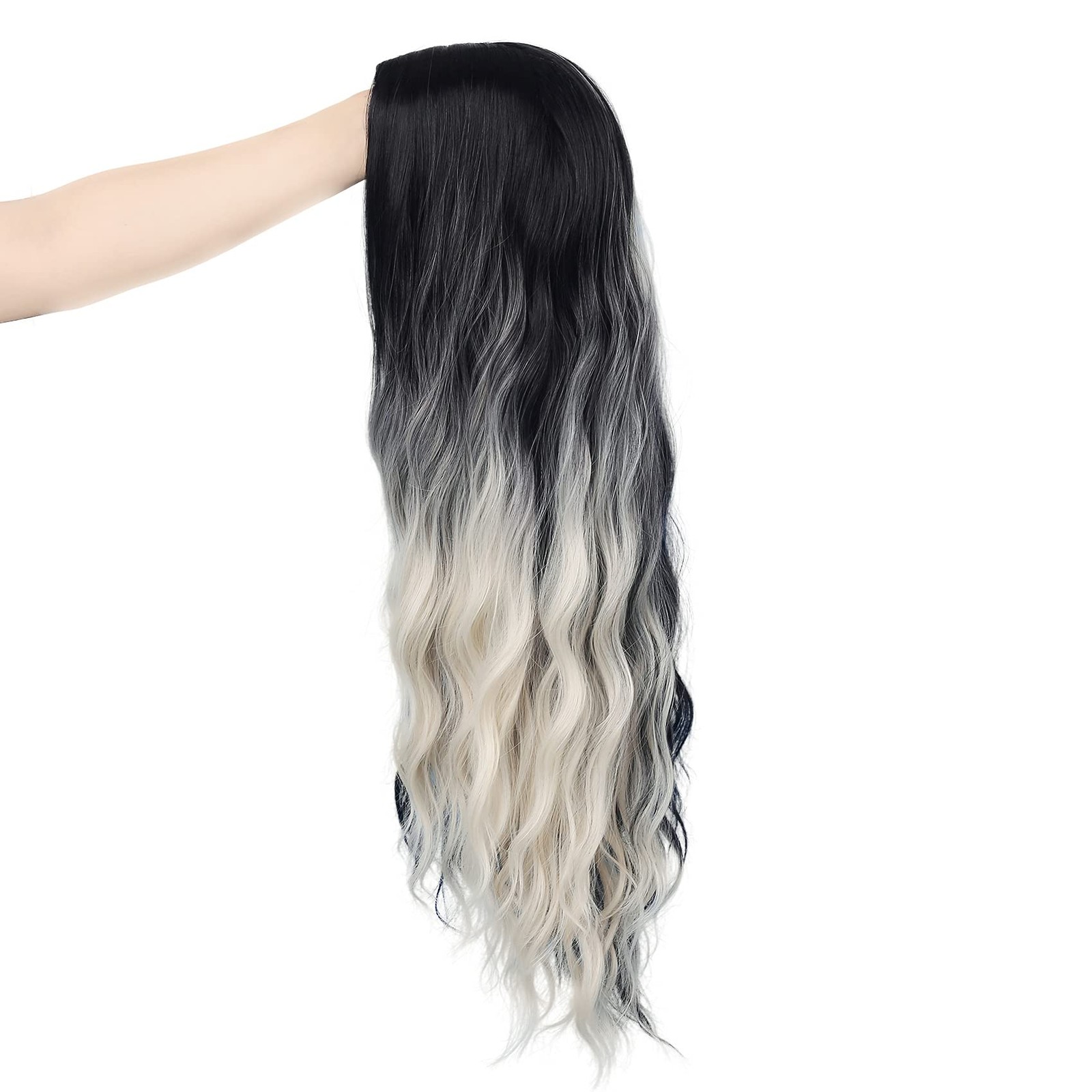 Black and White Curly Wigs for Women Long Wave Ombre Synthetic Hair Natural S…
