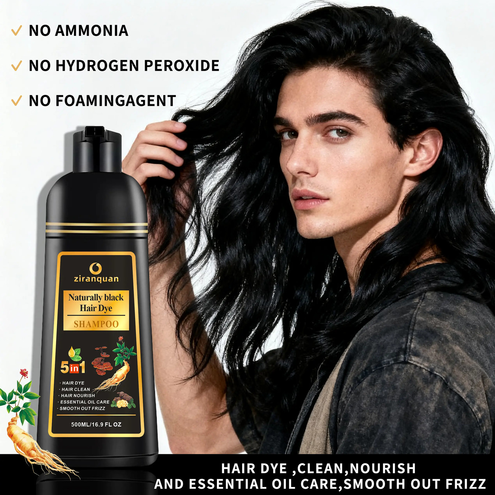Natural Black Hair & Beard Color Shampoo with Organic Ginseng & Ginger Root Extr