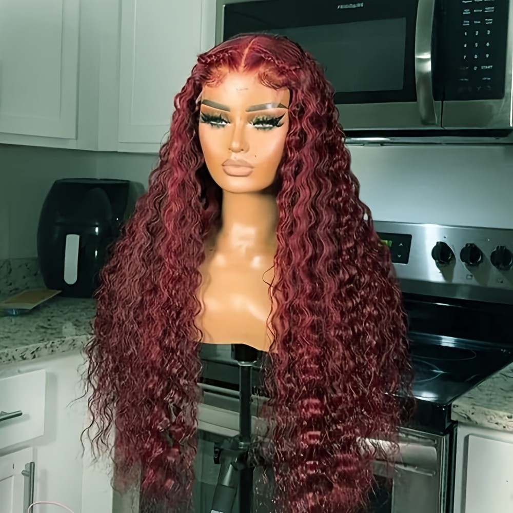13×4 Deep Wave Lace Front Wigs Wine Red Color Women Long Curly Hair Pre Plucked