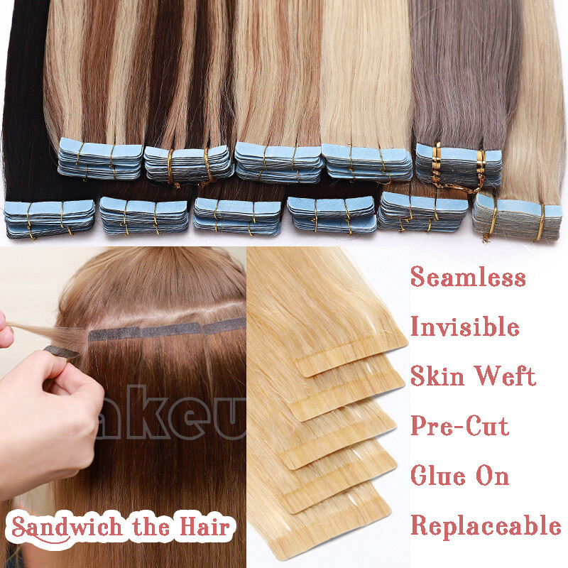 Tape In Skin Weft Real Remy Human Hair Extensions 60pcs Full Head Dark Color