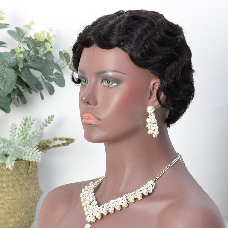 Black Pixie Short Cut Finger Wave Brazilian Human Hair Wig Glueless Machine Wig