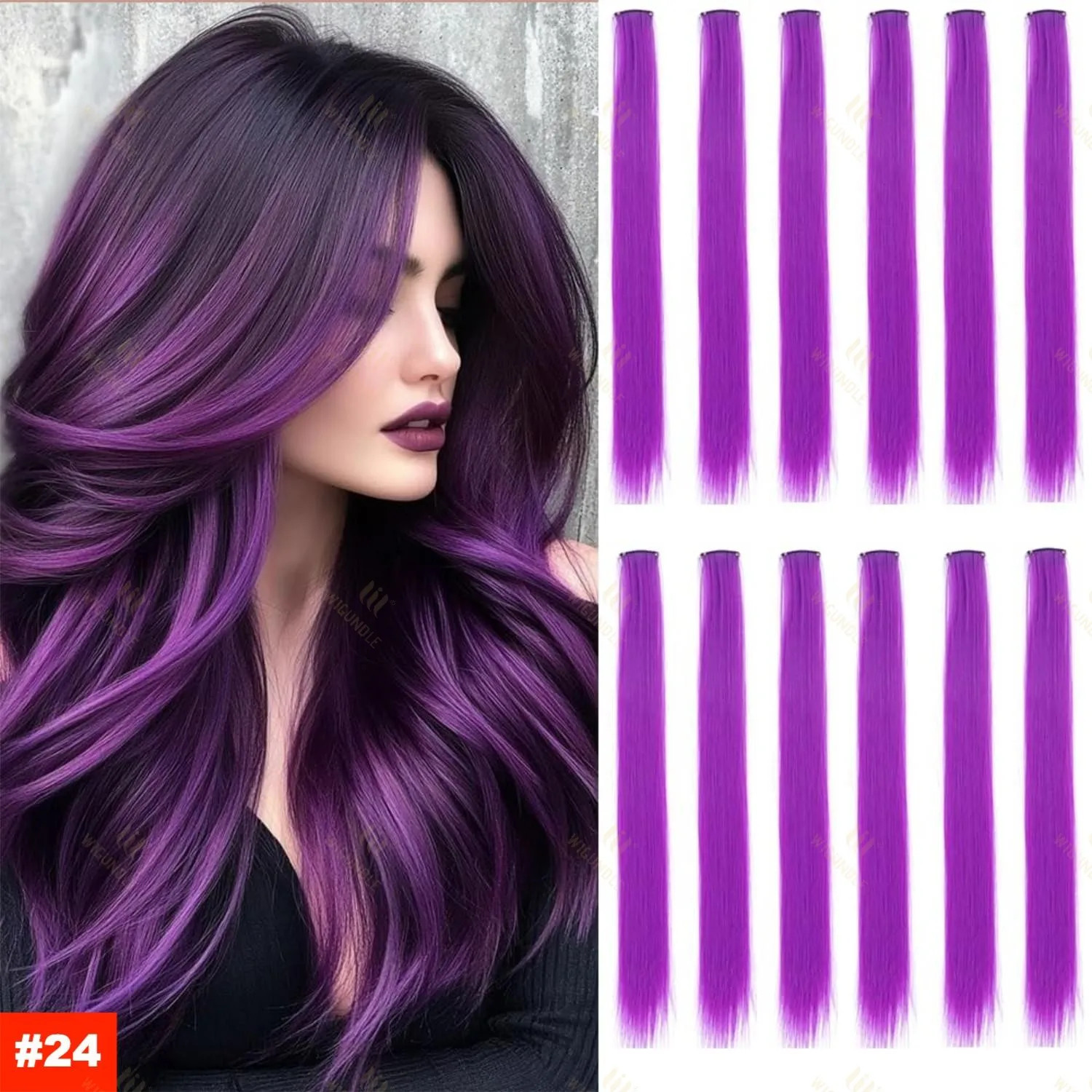 22Inch Synthetic Clip In Hair Extensions Straight Rainbow Colors High Temp