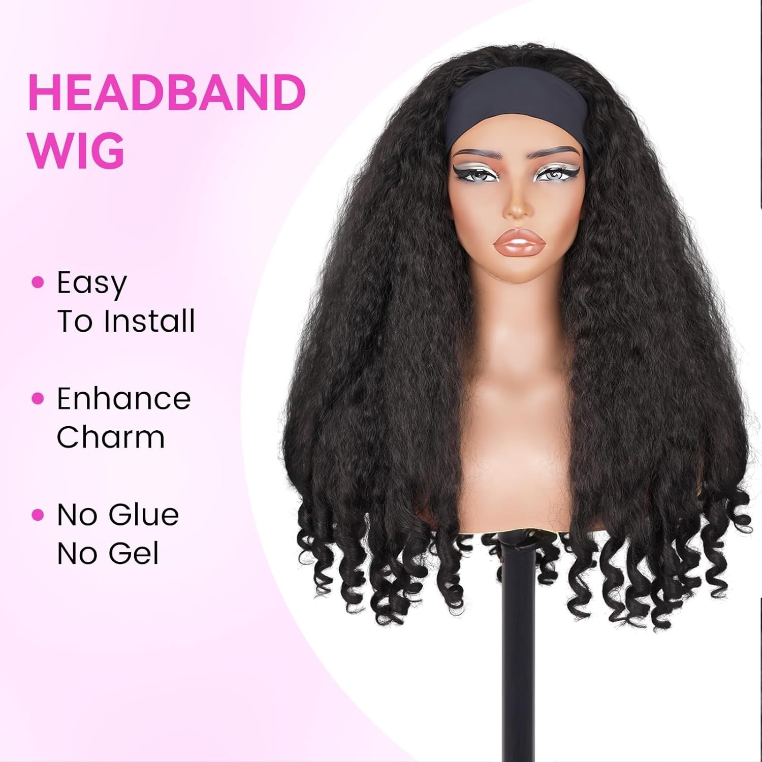 24in Afro Curly Glueless Headband Soft Synthetic Wig with Bouncy End Curls #1B