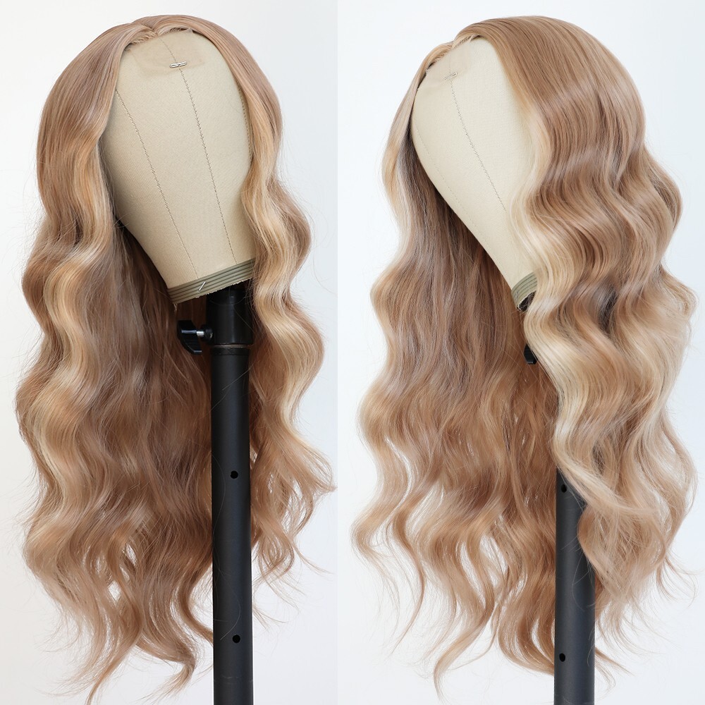 Women Beauty Blonde Wig Ombre Highlights Long Wavy Synthetic Hair Lace Wigs Soft