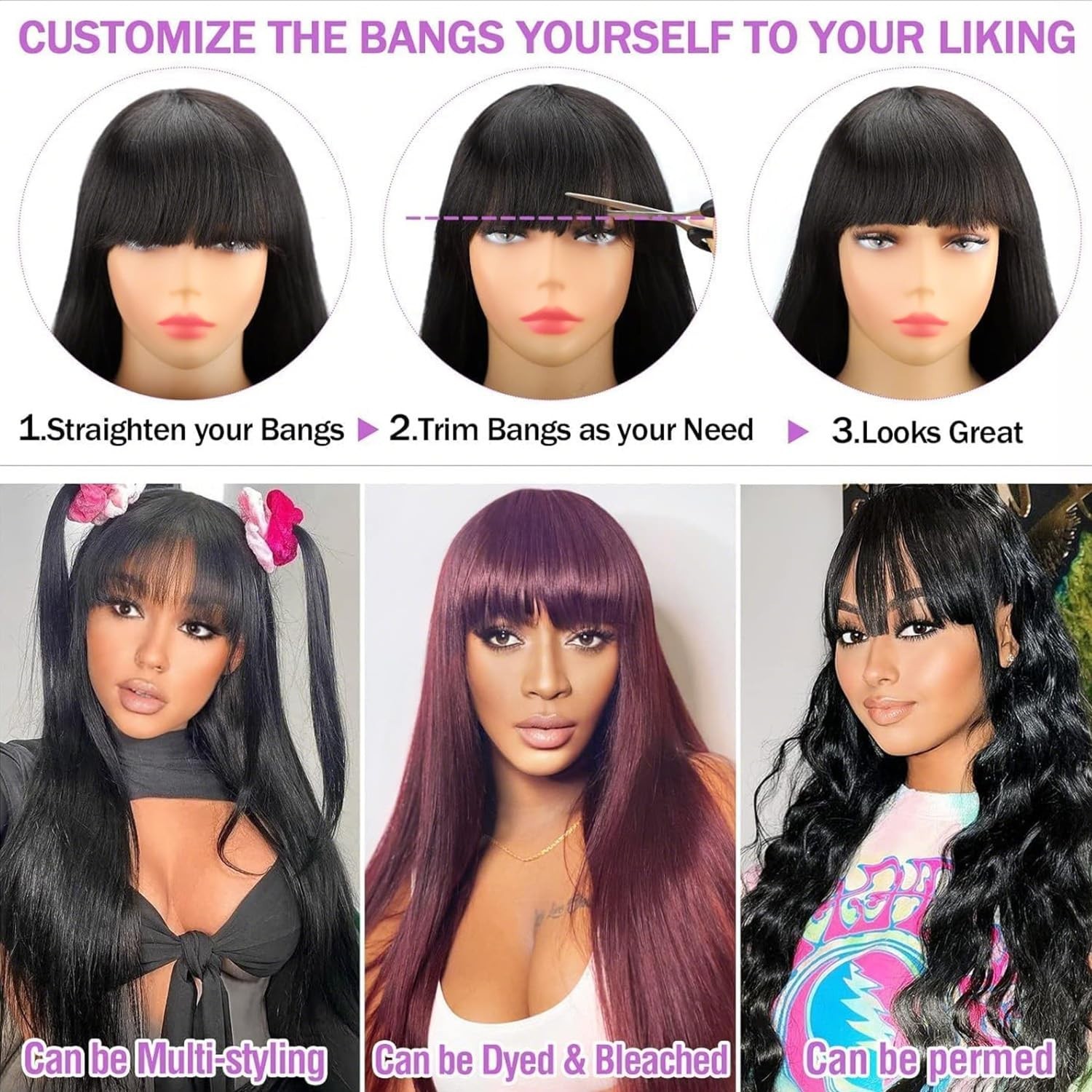 Human Hair Wig with Bangs Straight Wigs for Black Women None Lace Front Wig