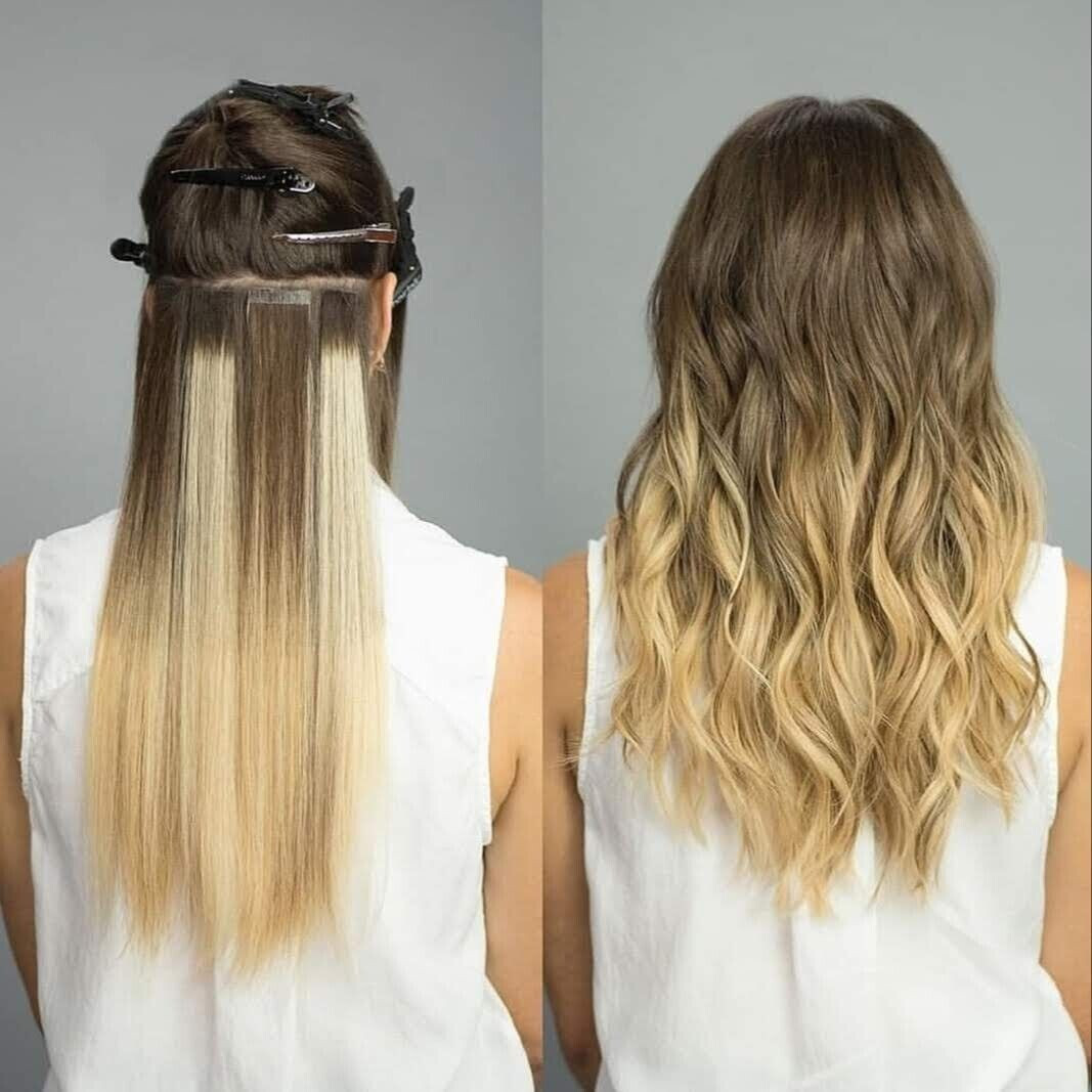 Tape in Real Human Hair Extensions Skin Weft Remy Russian Hair BalayageHighlight
