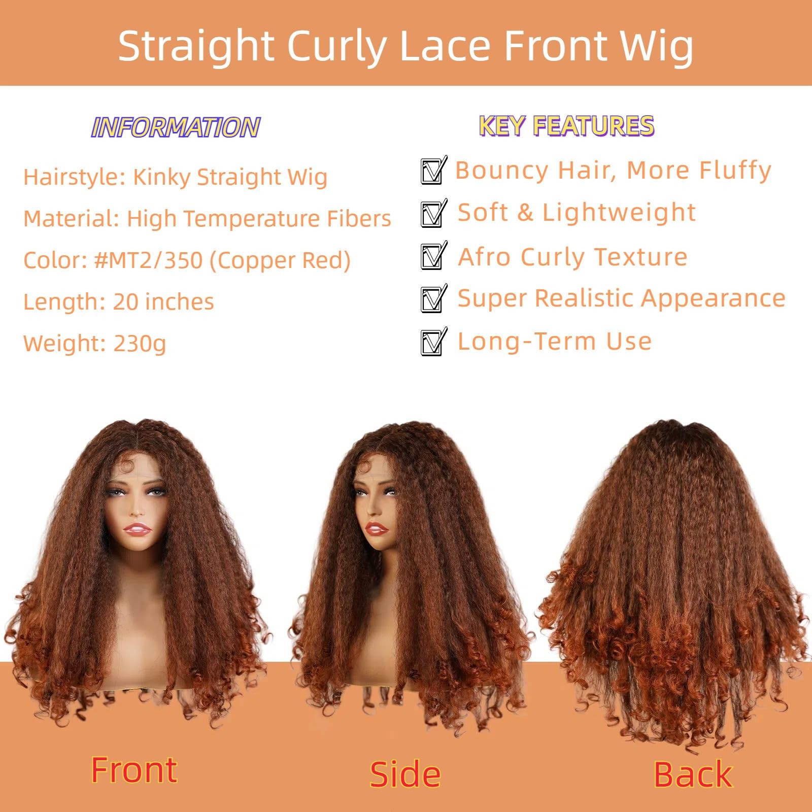 Afro Curly Lace Front Wig for Black Women Copper Red Color Natural Synthetic …