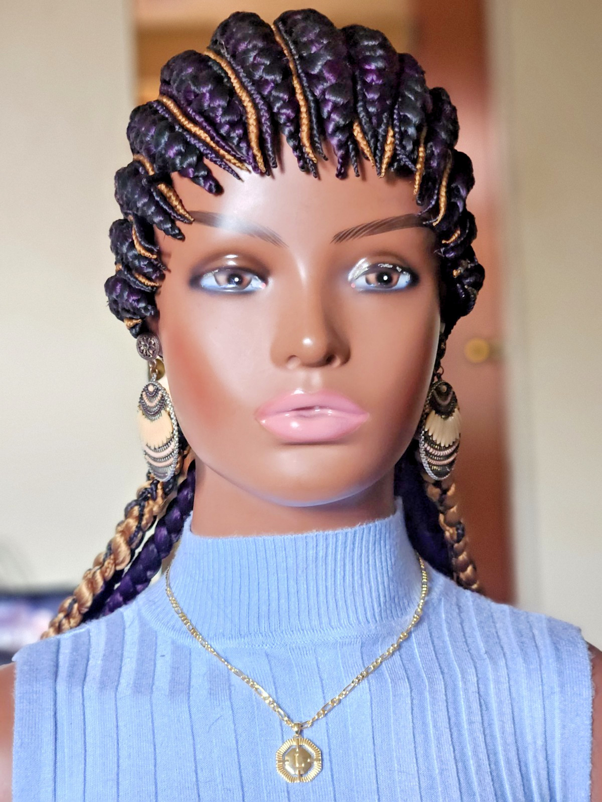 Fully hand braided Ghana banana cornrows wig All back down 1B mix dark purple/27