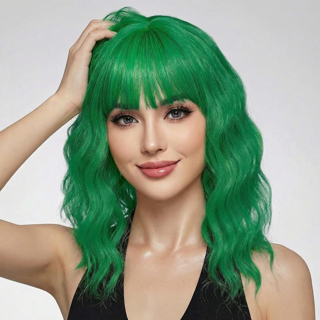 Pastel Brown Wavy Bob Wig Women, Short Shoulder Length Synthetic Wig with Bangs