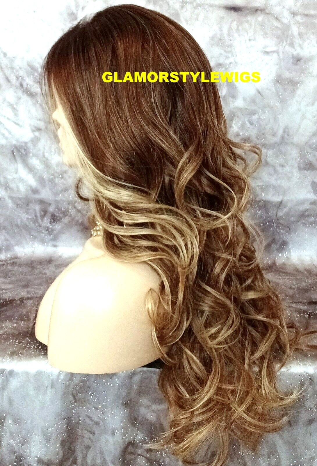 FREE PART LACE FRONT FULL WIG LONG WAVY LAYERED OMBRE BROWN GOLDEN BLONDE MIX NW